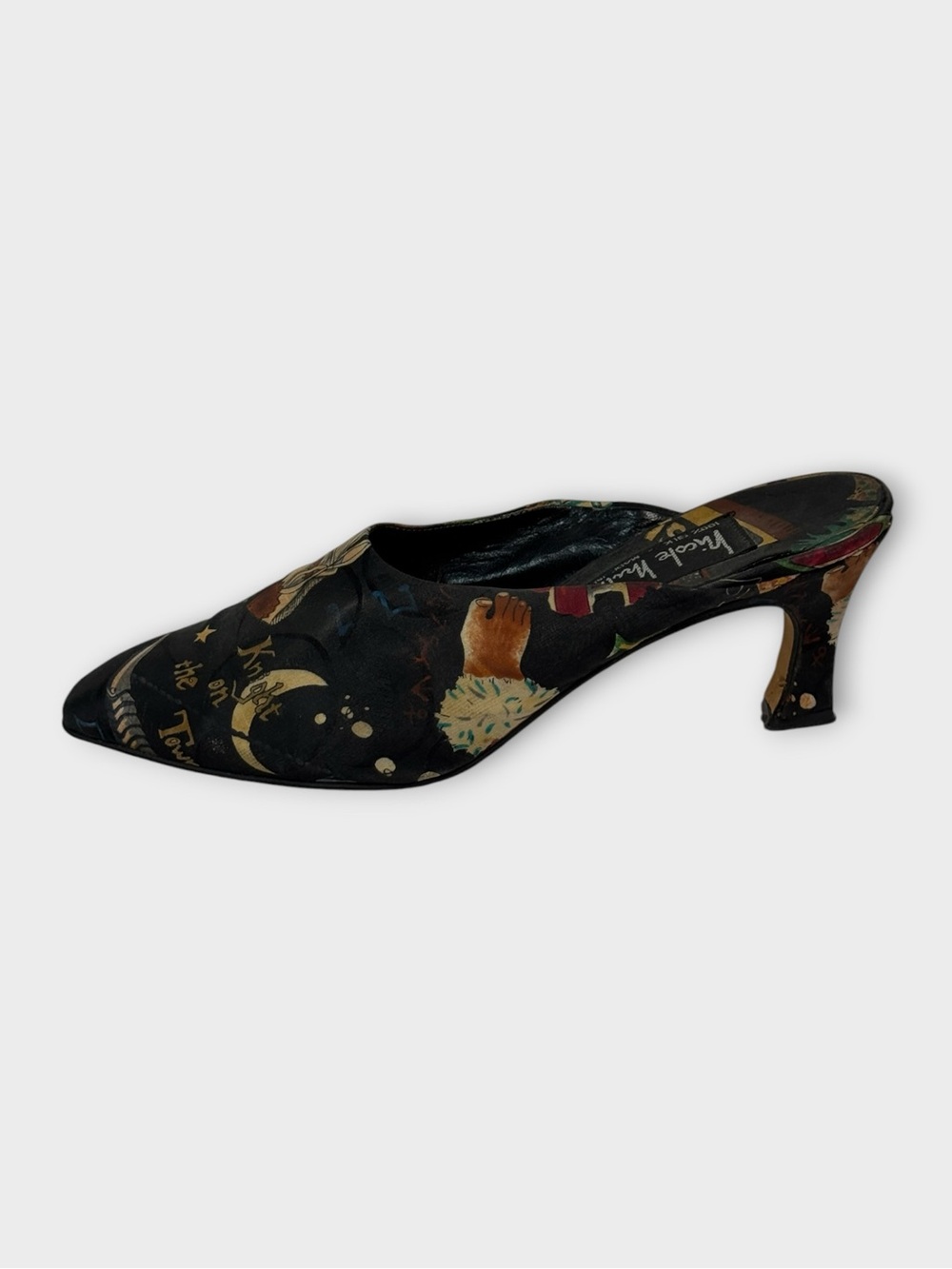 Vintage 90s Nicole Miller 100% Silk Novelty Print Slingback Kitten Heels